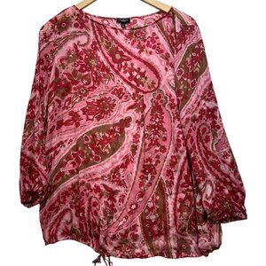 Talbots Women's Silk Blouse Long Sleeve Size 12 Pink Paisley Floral Cinch Hem